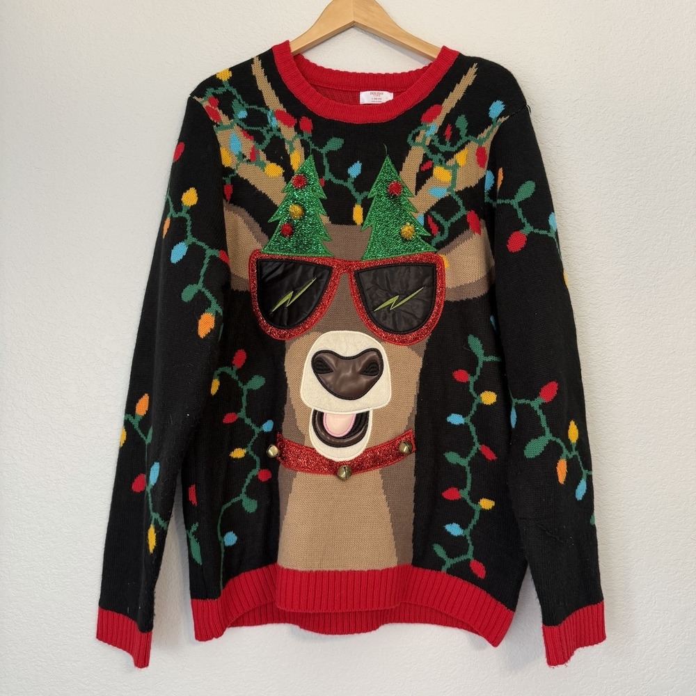 Holiday Time Ugly Christmas Sweater Reindeer 3D Bells Sunglasses Lights L 42 44
